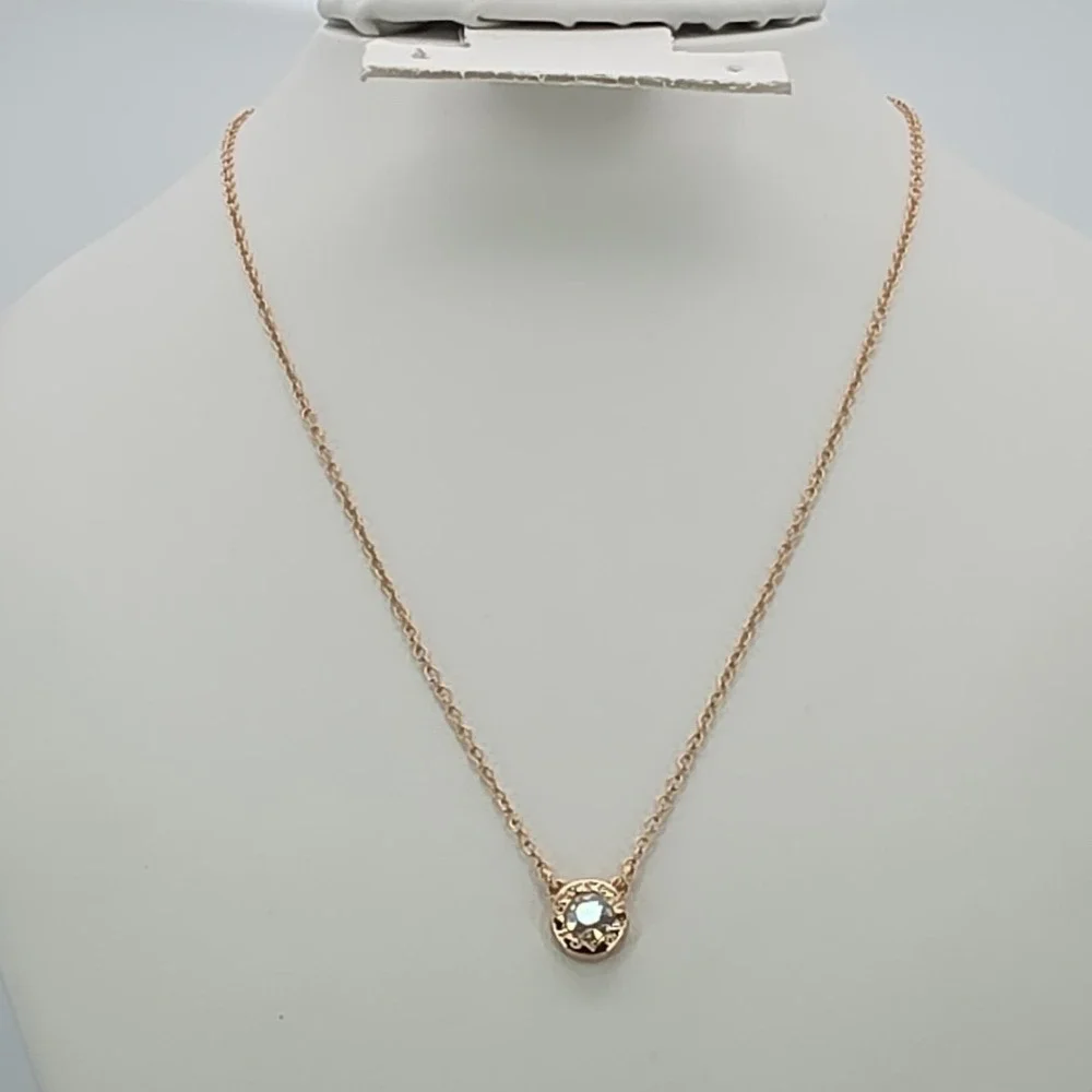 Vtg COACH Necklace Open Circle Crystal Pendant Rose Gold Plate‎ Round Link 18